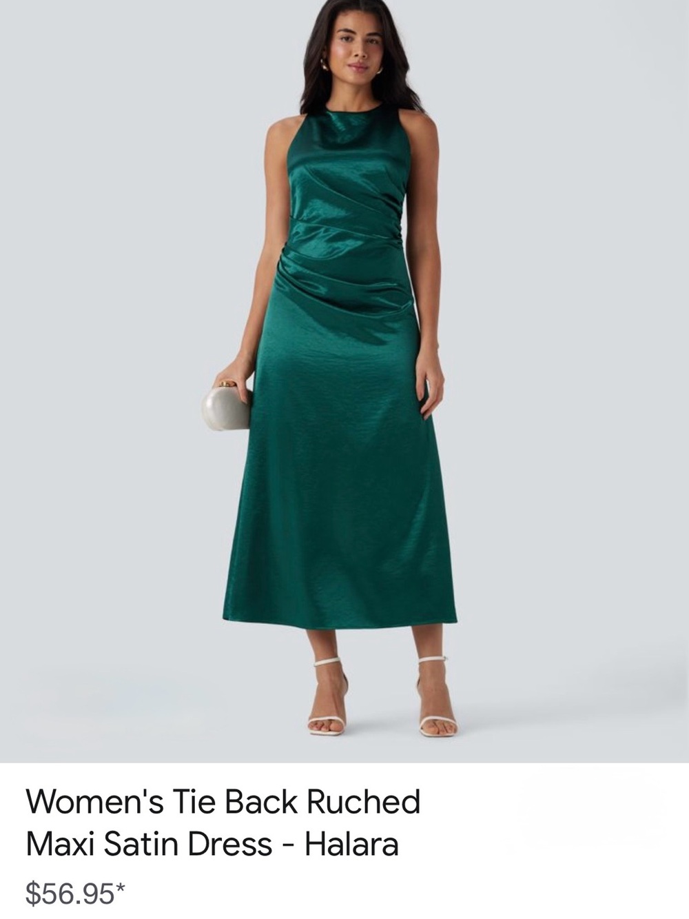 HALARA Emerald Satin Tie-Back Ruched Maxi Dress